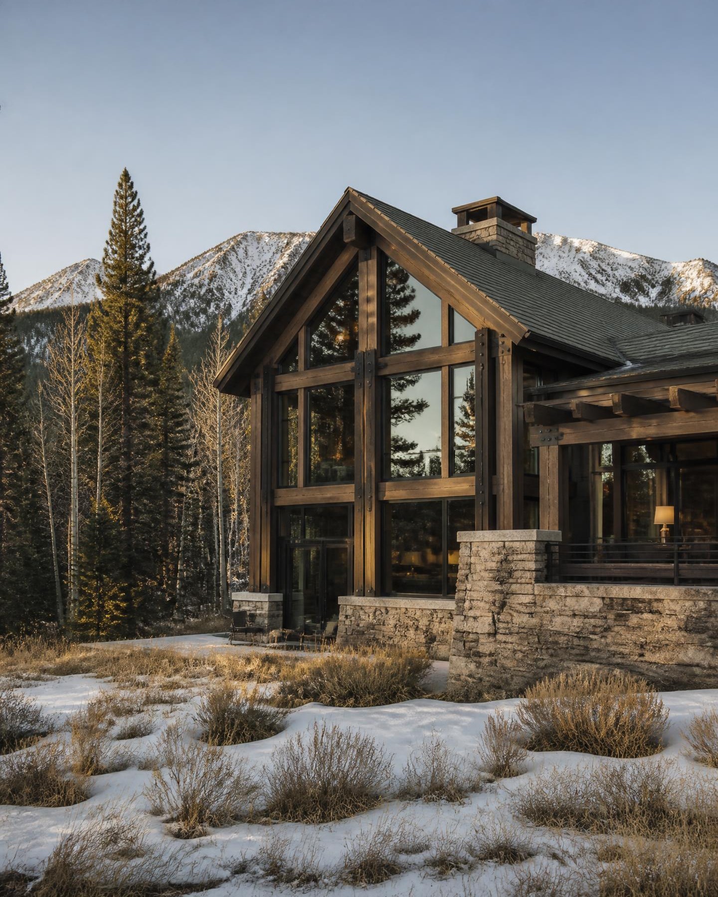 A timber and stone mountain home in Colorado with snow on the ground.