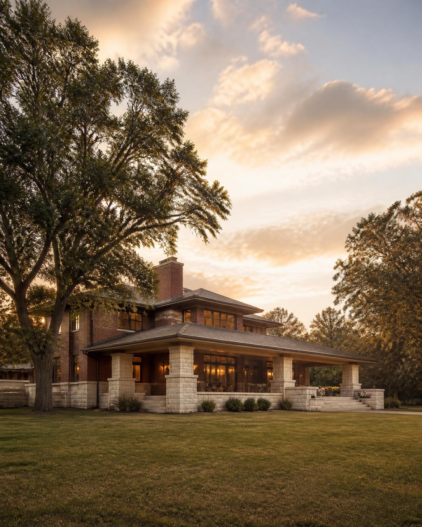 A prairie-modern brick and limestone home in Oklahoma at late afternoon.