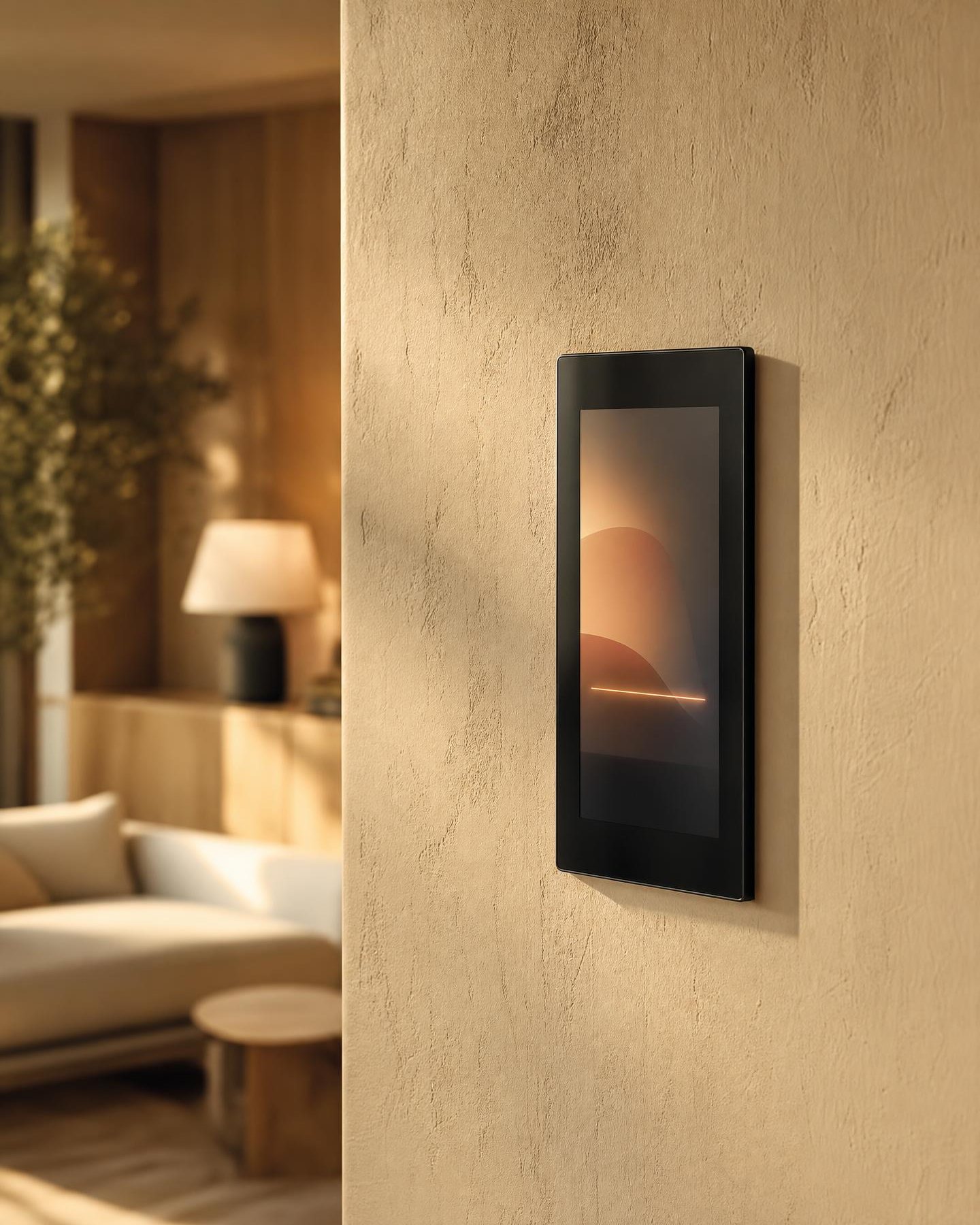 An in-wall touch panel controlling a home's lighting, shades and audio.